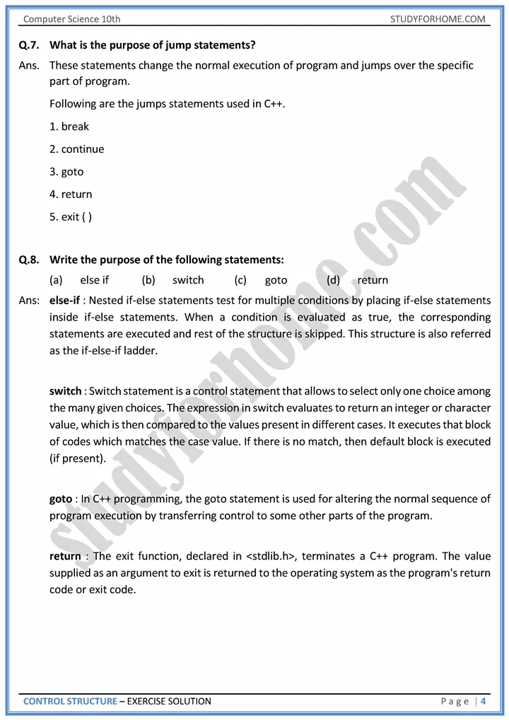 control structure solution of book exercise computer science class 10th 04