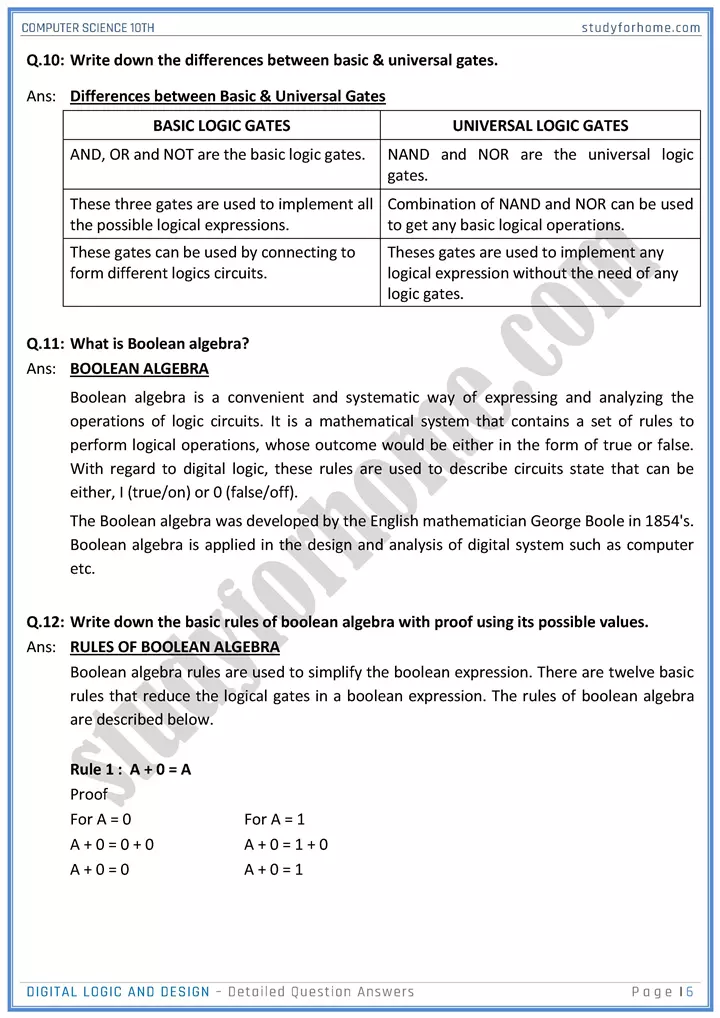 digital logic and design detailed question answers computer science class 10th 06