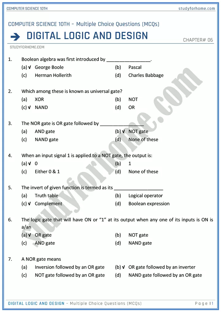 digital logic and design multiple choice questions computer science class 10th 01