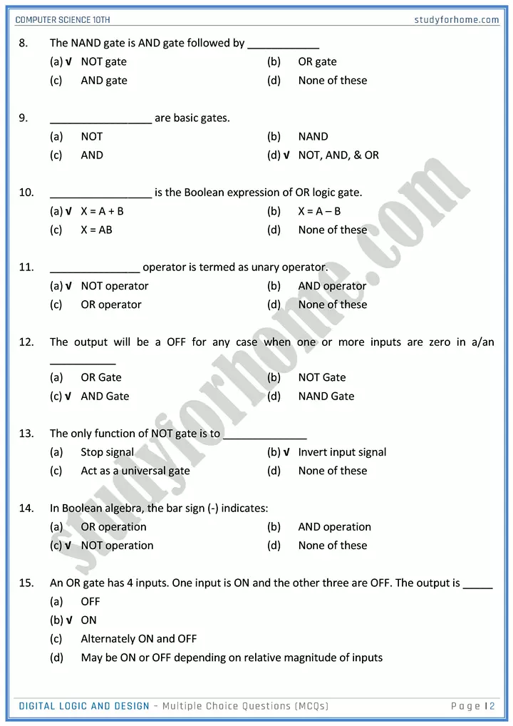 digital logic and design multiple choice questions computer science class 10th 02