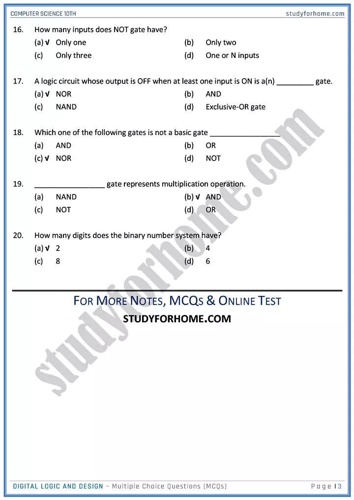 digital logic and design multiple choice questions computer science class 10th 03