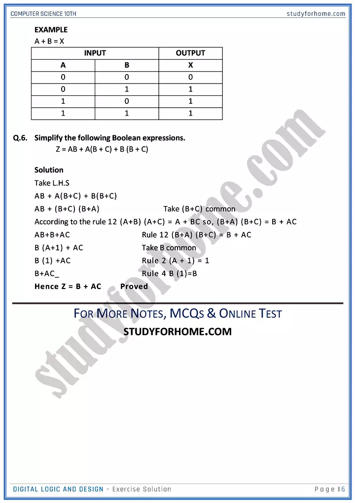 digital logic and design solution of book exercise computer science class 10th 06