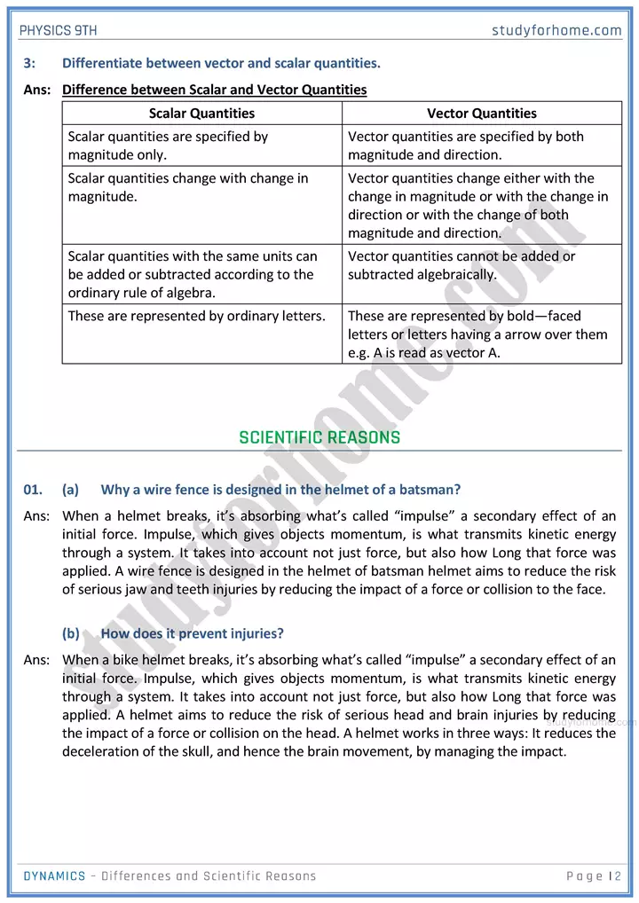 dynamics differences and scientific reasons physics class 9th 02