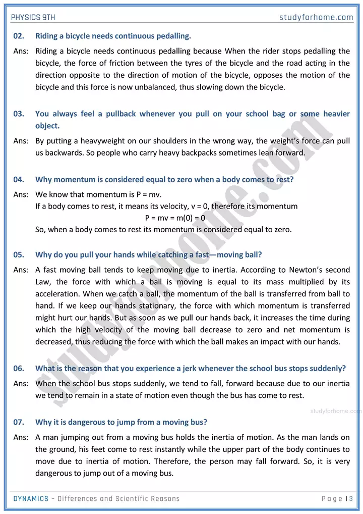 dynamics differences and scientific reasons physics class 9th 03