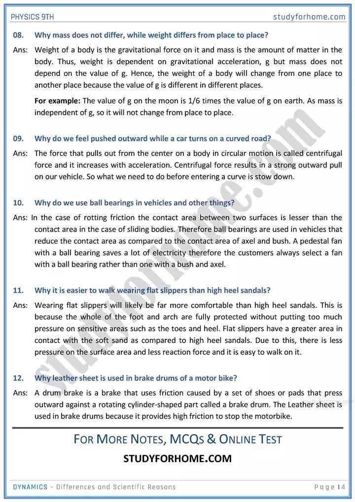 dynamics differences and scientific reasons physics class 9th 04