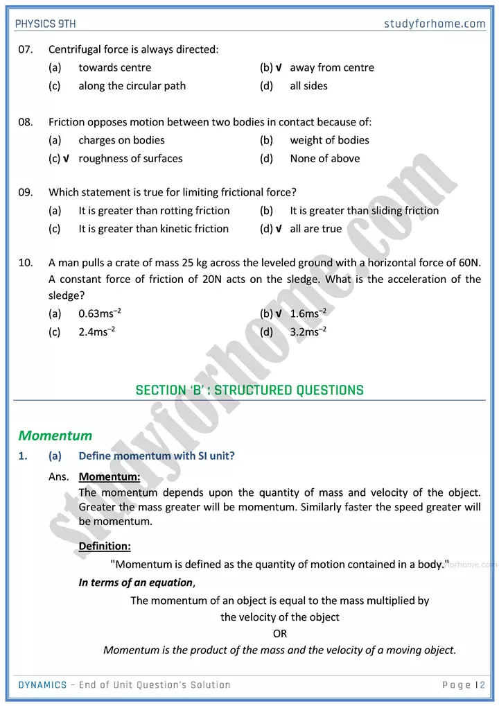 dynamics end of unit questions solution physics class 9th 02