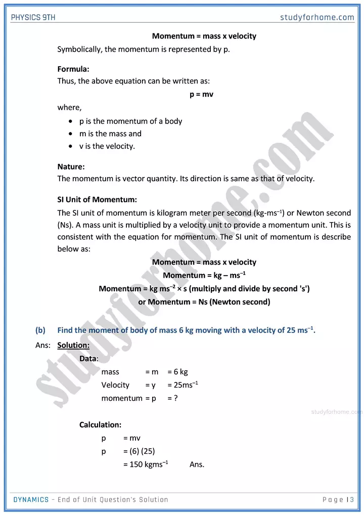 dynamics end of unit questions solution physics class 9th 03