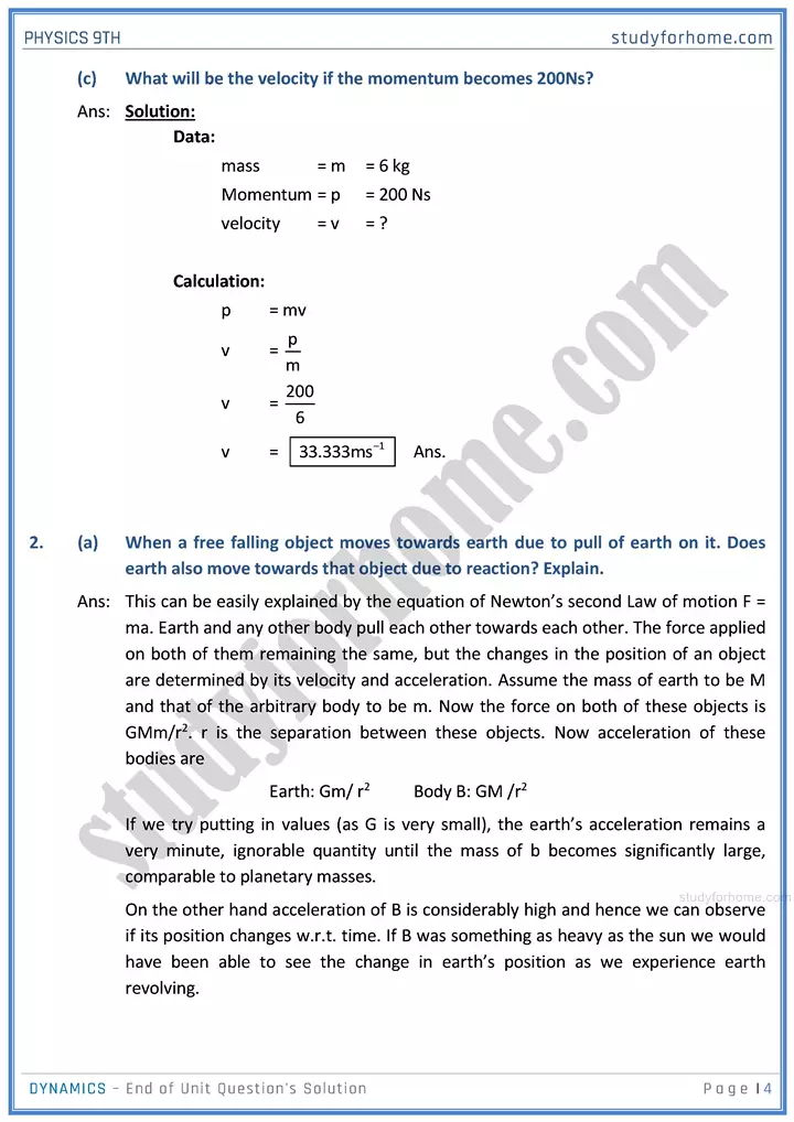 dynamics end of unit questions solution physics class 9th 04