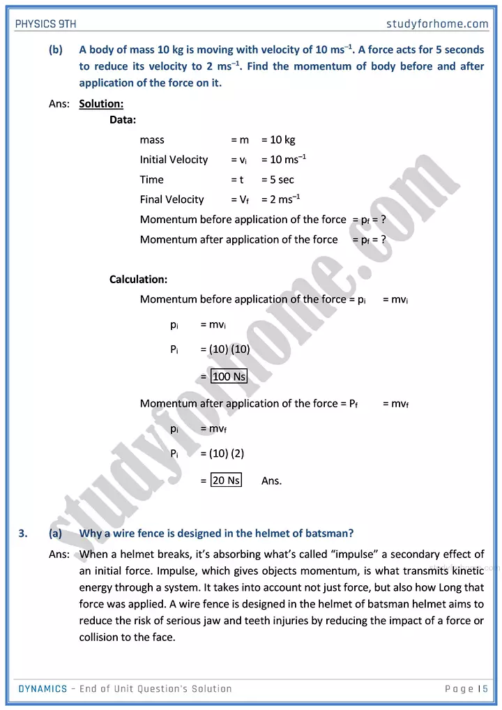 dynamics end of unit questions solution physics class 9th 05