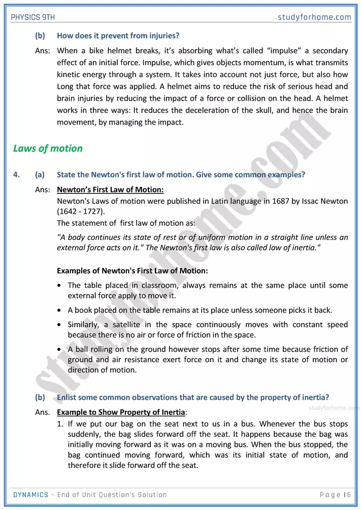 dynamics end of unit questions solution physics class 9th 06