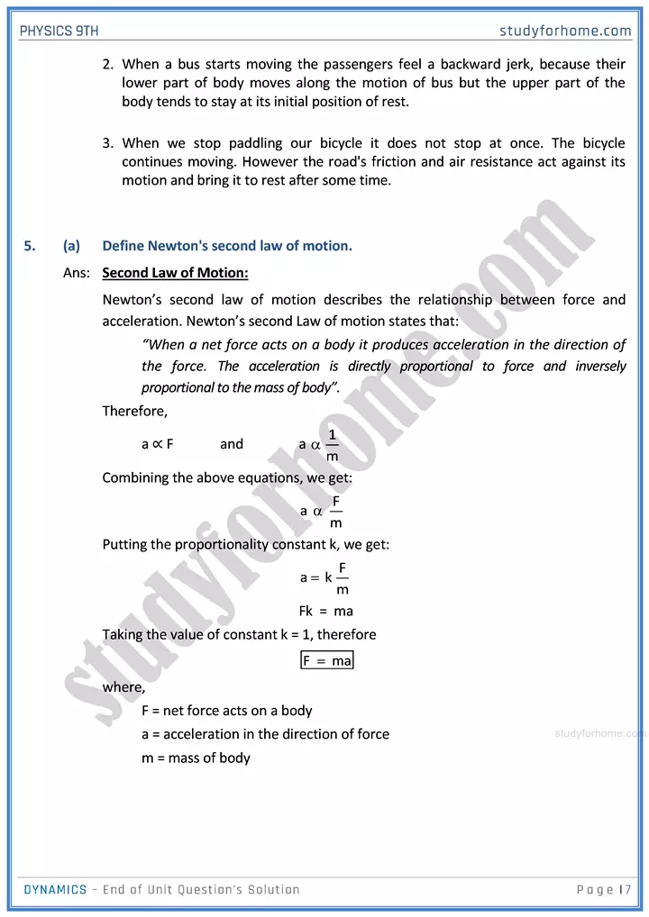 dynamics end of unit questions solution physics class 9th 07