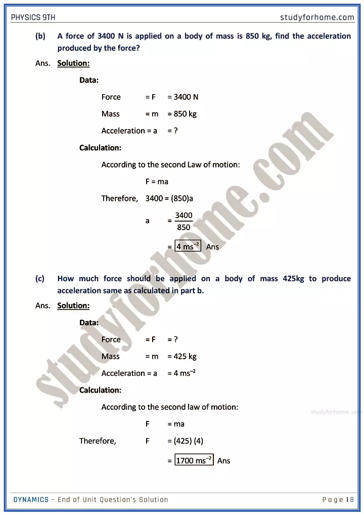 dynamics end of unit questions solution physics class 9th 08