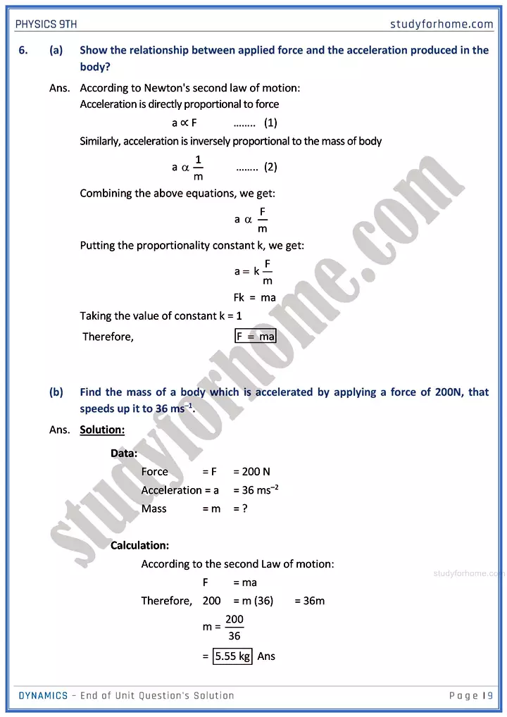 dynamics end of unit questions solution physics class 9th 09