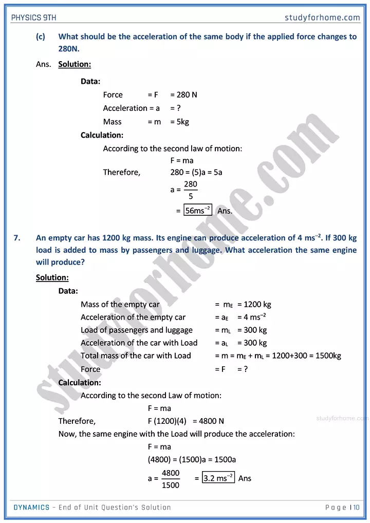 dynamics end of unit questions solution physics class 9th 10