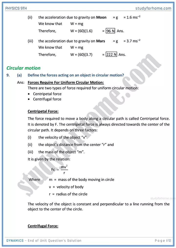 dynamics end of unit questions solution physics class 9th 12