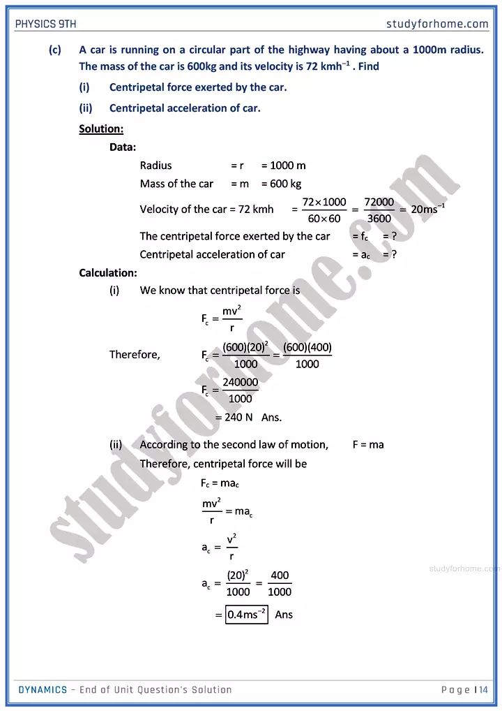 dynamics end of unit questions solution physics class 9th 14