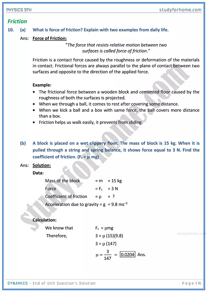 dynamics end of unit questions solution physics class 9th 16