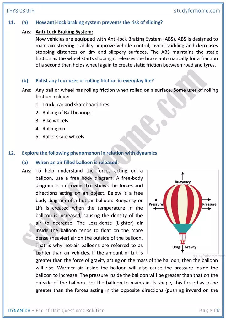 dynamics end of unit questions solution physics class 9th 17