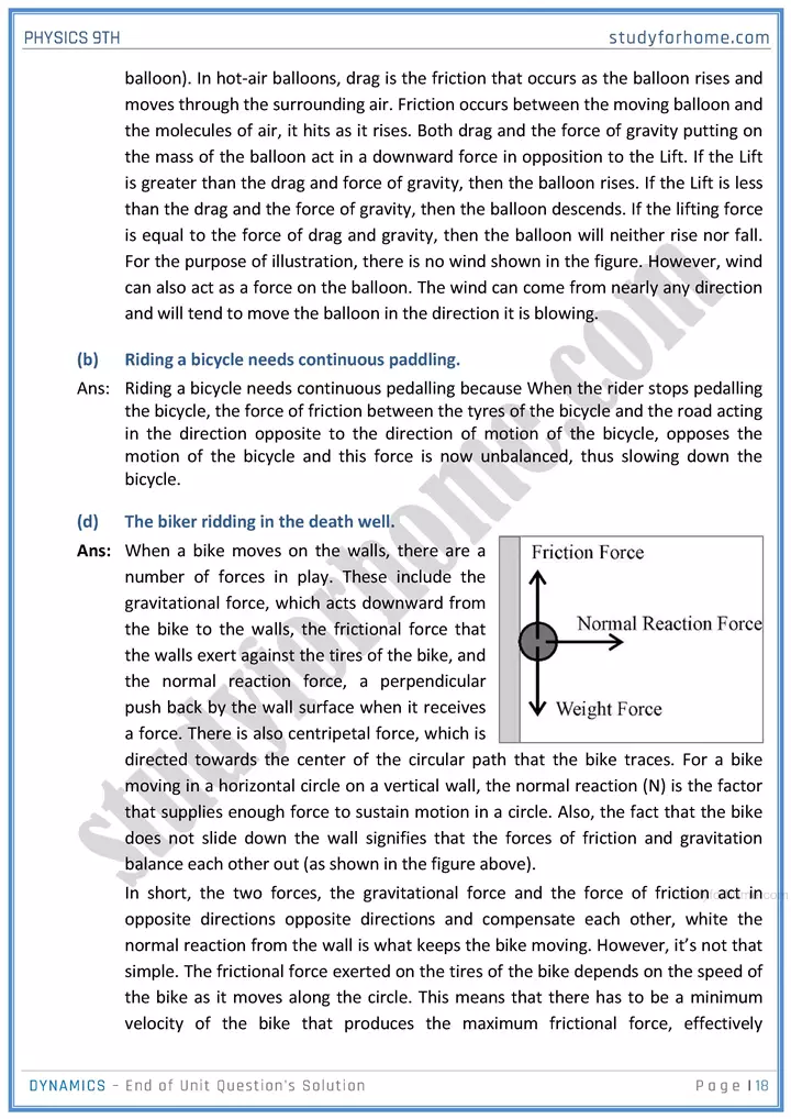 dynamics end of unit questions solution physics class 9th 18