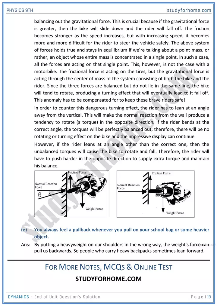 dynamics end of unit questions solution physics class 9th 19