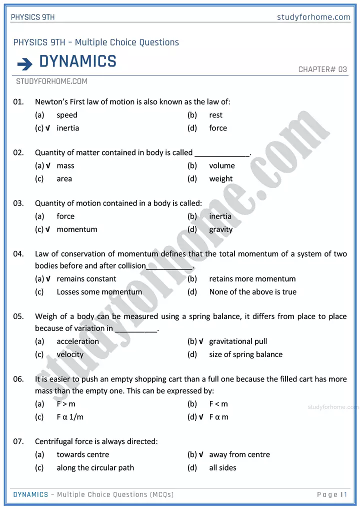 dynamics multiple choice questions physics class 9th 01