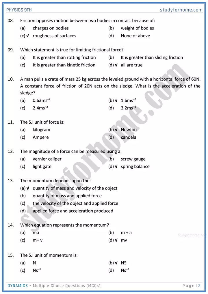 dynamics multiple choice questions physics class 9th 02