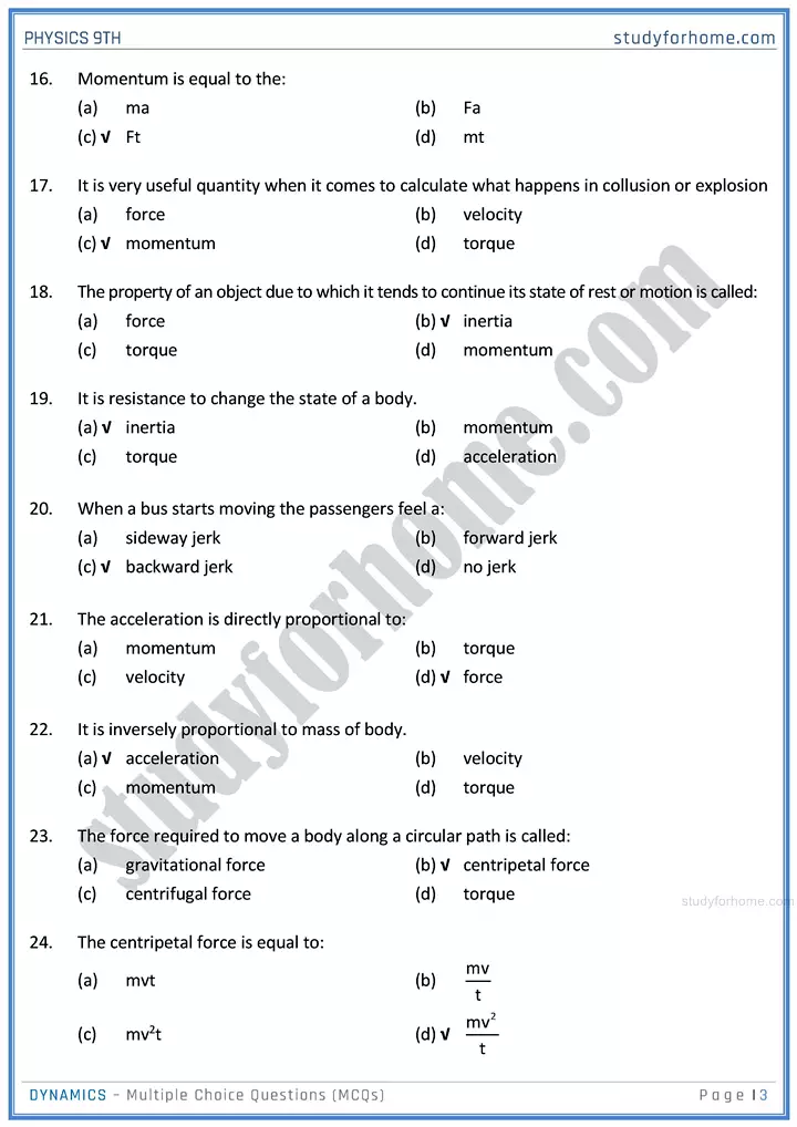 dynamics multiple choice questions physics class 9th 03