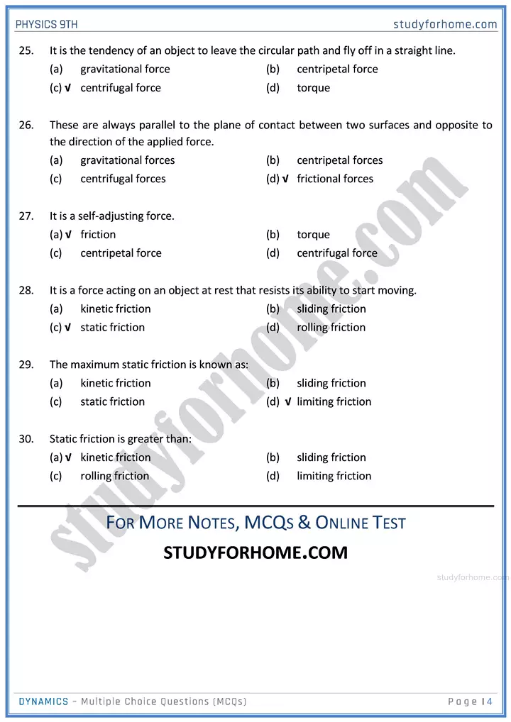 dynamics multiple choice questions physics class 9th 04