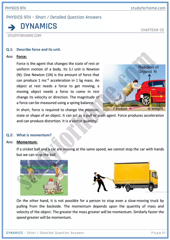 dynamics short and detailed answer questions physics class 9th 01