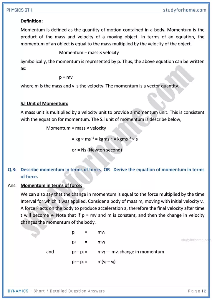 dynamics short and detailed answer questions physics class 9th 02