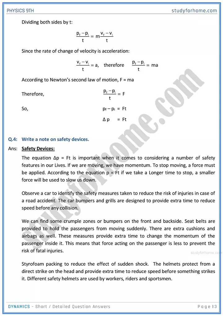 dynamics short and detailed answer questions physics class 9th 03