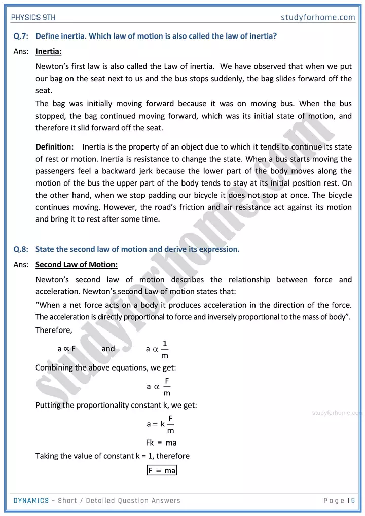 dynamics short and detailed answer questions physics class 9th 05