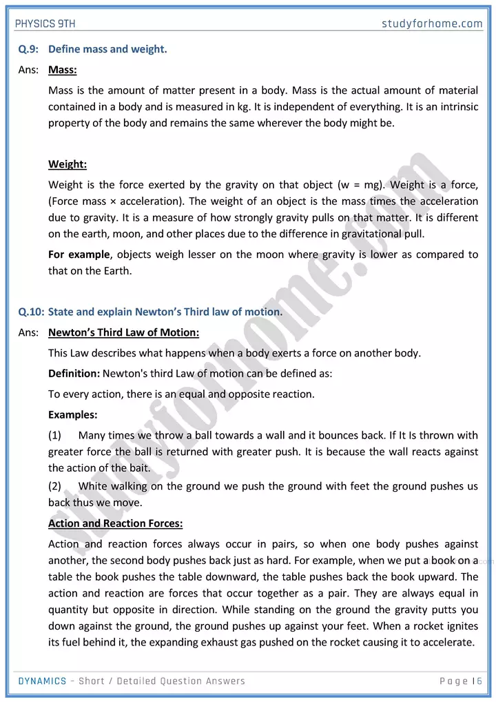 dynamics short and detailed answer questions physics class 9th 06