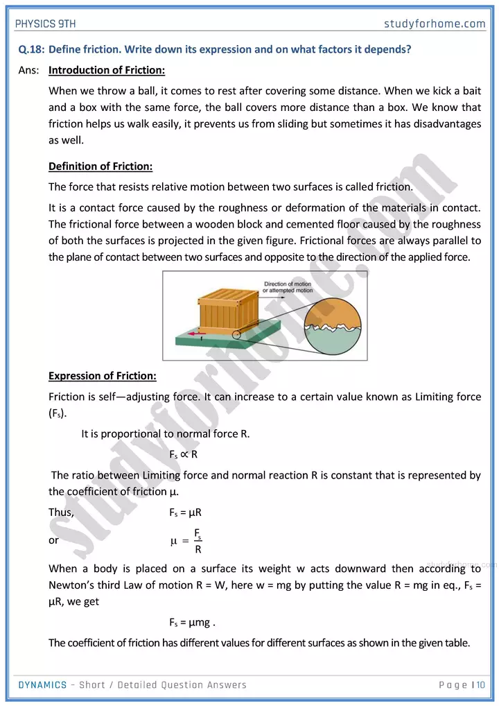 dynamics short and detailed answer questions physics class 9th 10