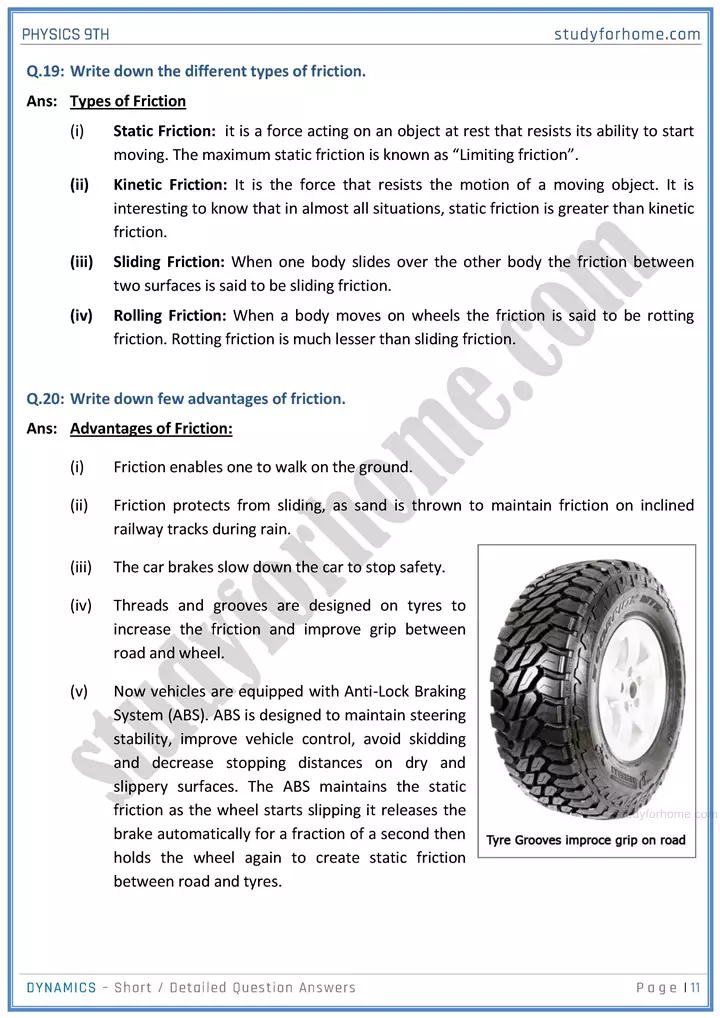 dynamics short and detailed answer questions physics class 9th 11