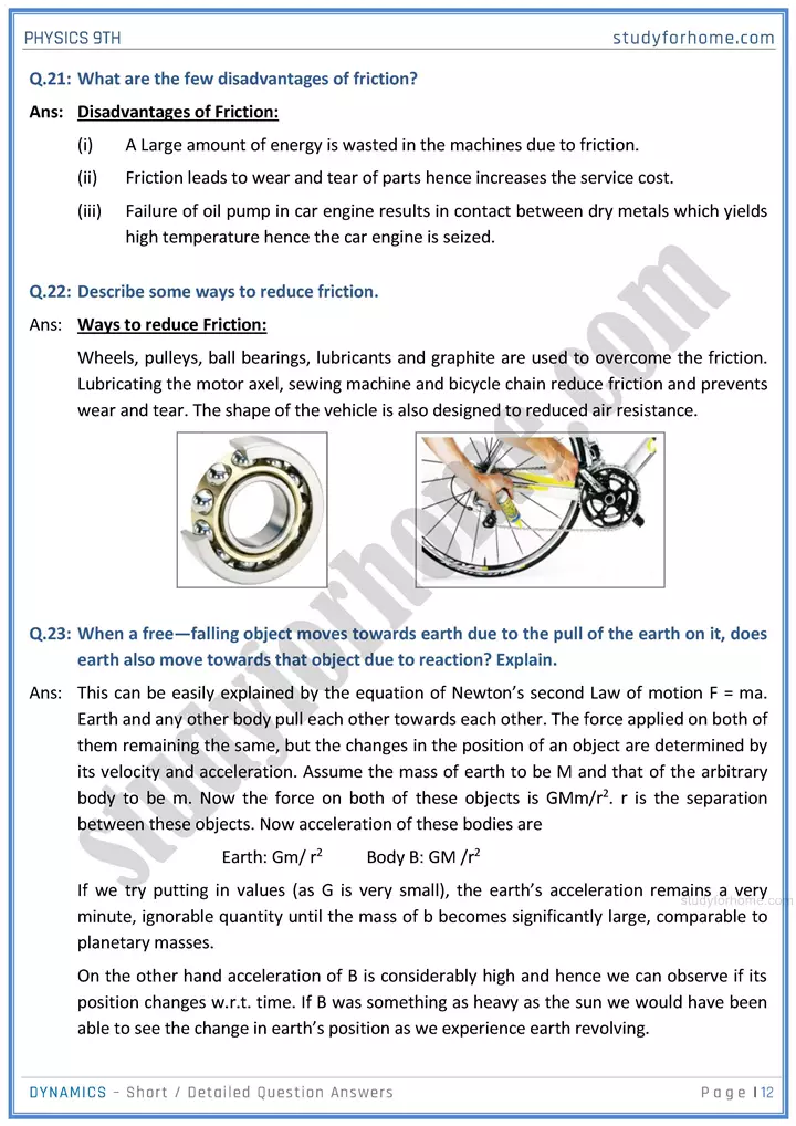 dynamics short and detailed answer questions physics class 9th 12