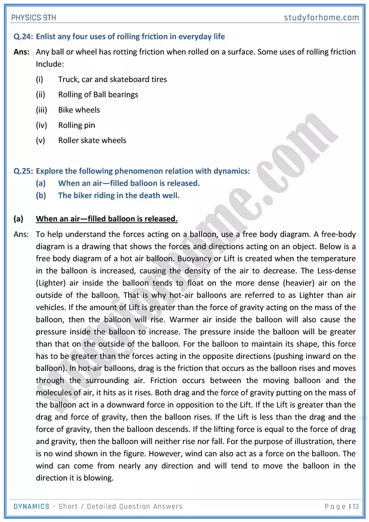 dynamics short and detailed answer questions physics class 9th 13