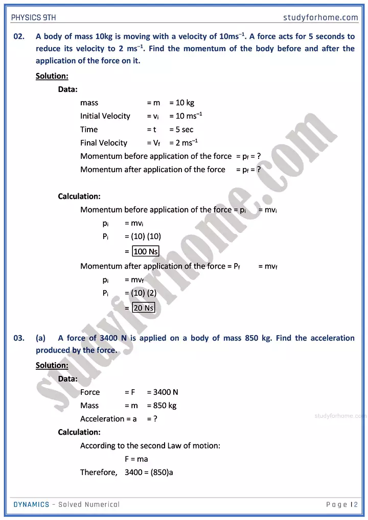 dynamics solved numerical physics class 9th 02