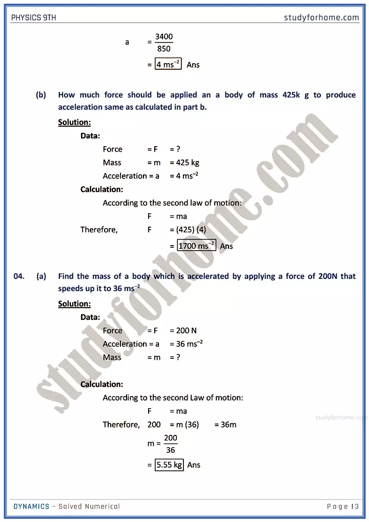 dynamics solved numerical physics class 9th 03