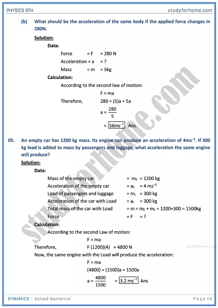 dynamics solved numerical physics class 9th 04