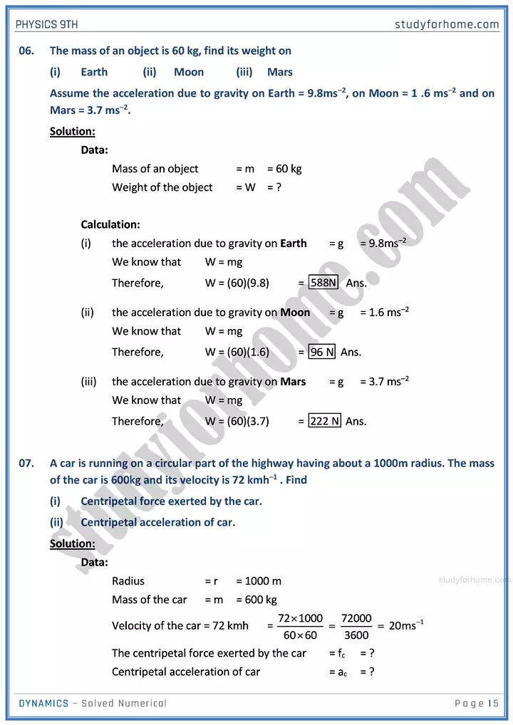 dynamics solved numerical physics class 9th 05