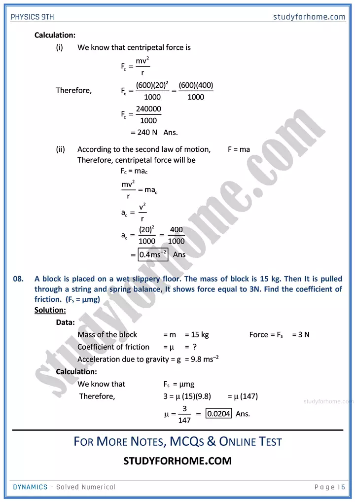 dynamics solved numerical physics class 9th 06