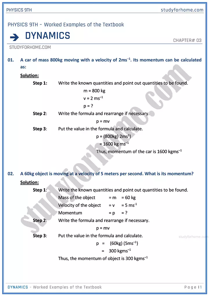 dynamics worked examples of the textbook physics class 9th 01