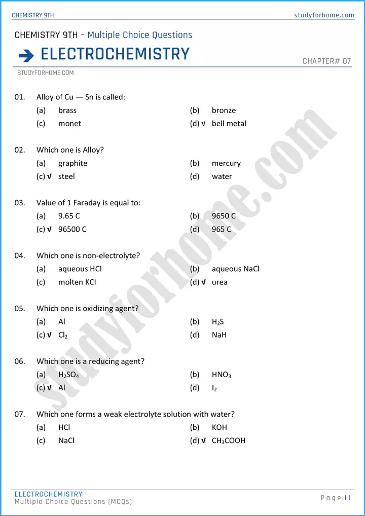 electrochemistry multiple choice questions chemistry class 9th 01