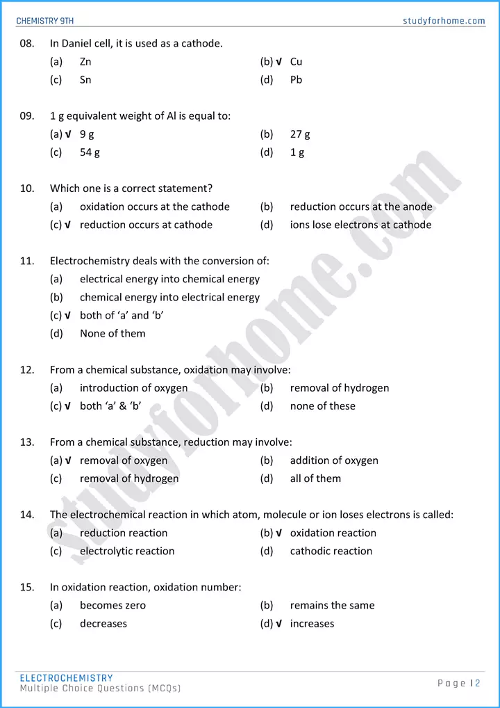 electrochemistry multiple choice questions chemistry class 9th 02