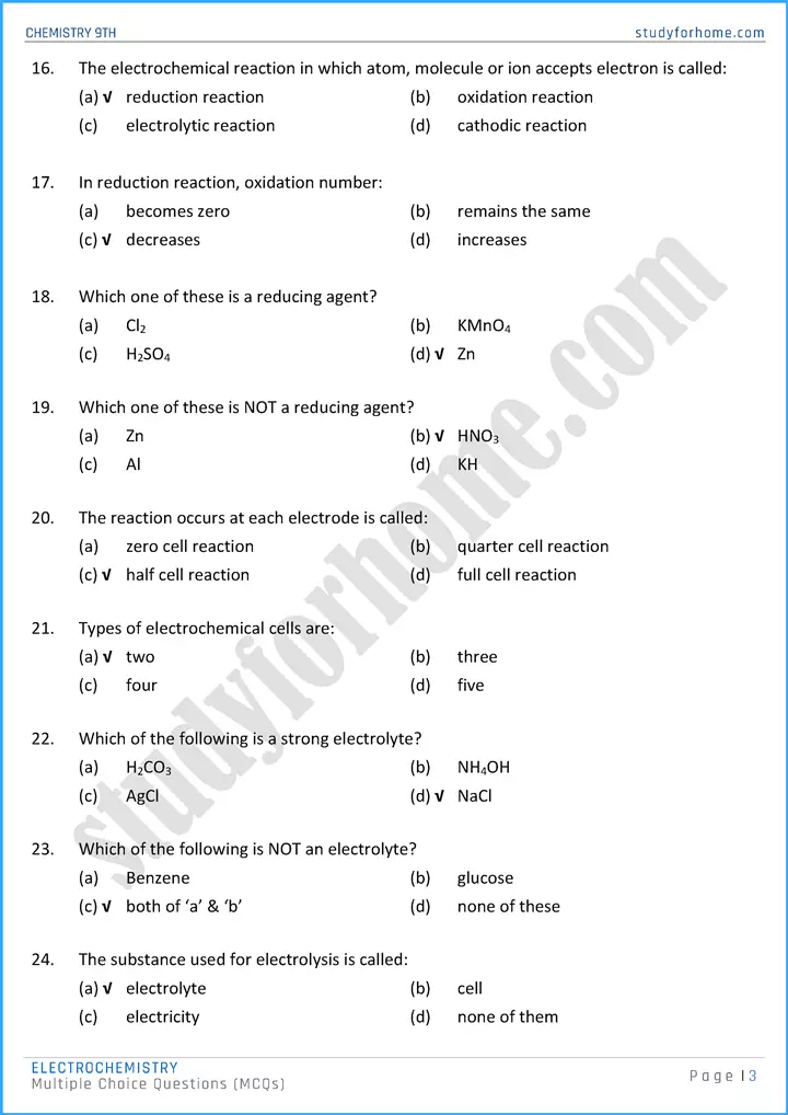 electrochemistry multiple choice questions chemistry class 9th 03