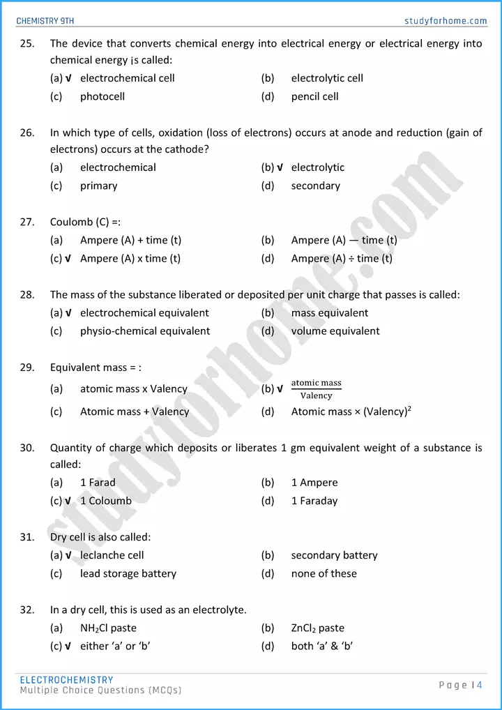 electrochemistry multiple choice questions chemistry class 9th 04