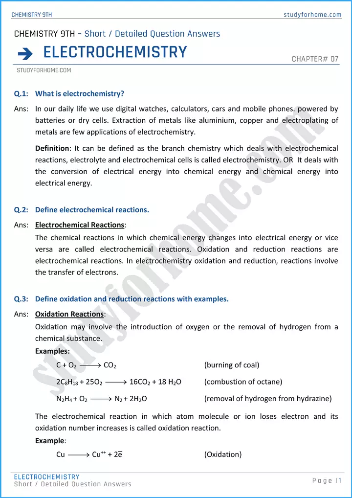 electrochemistry short and detailed question answers chemistry class 9th 01