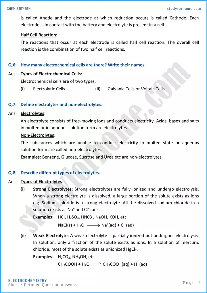 electrochemistry short and detailed question answers chemistry class 9th 03