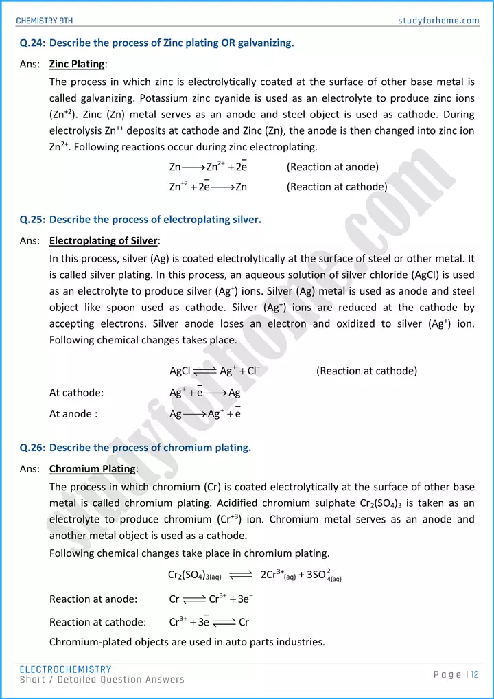 electrochemistry short and detailed question answers chemistry class 9th 12